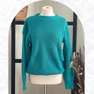 Vintage Women's Knitted Crew Neck Long Sleeve Pullover Teal Sweater Size Large